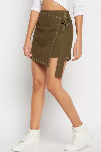 Winered women olive mini wrap skirt with adjuster