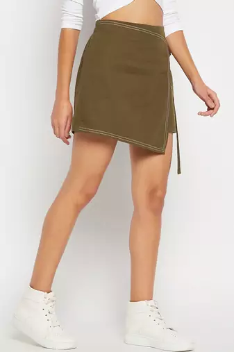 Winered women olive mini wrap skirt with adjuster