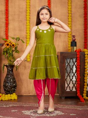 Aarika girls ethnic wear mehendi colour sequins with gota lace work rayon dhoti kurta set 1