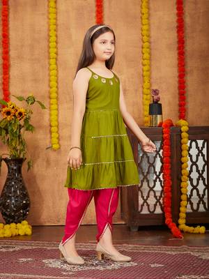 Aarika girls ethnic wear mehendi colour sequins with gota lace work rayon dhoti kurta set 3