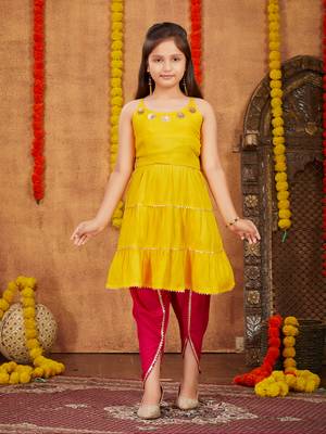 Aarika girls ethnic wear yellow colour sequins with gota lace work rayon dhoti kurta set 1