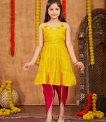 Aarika girls ethnic wear yellow colour sequins with gota lace work rayon dhoti kurta set
