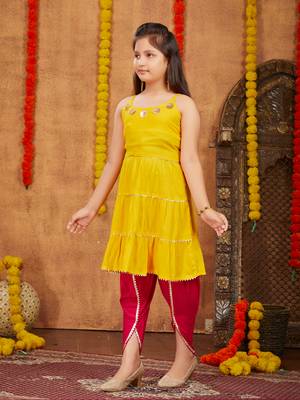 Aarika girls ethnic wear yellow colour sequins with gota lace work rayon dhoti kurta set 2