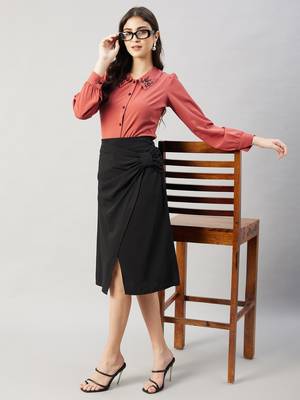 Winered woman  black side bow crepe skirt 2
