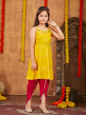 Aarika girls ethnic wear yellow colour sequins with gota lace work rayon dhoti kurta set 3