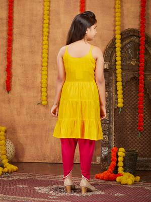 Aarika girls ethnic wear yellow colour sequins with gota lace work rayon dhoti kurta set 4