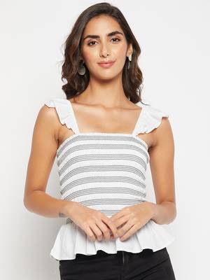 Winered women flutter sleeves contrast smocking top 2
