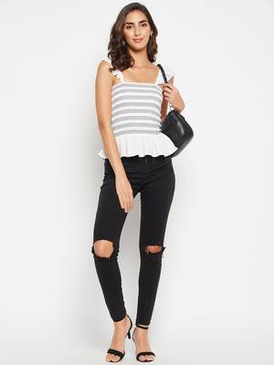 Winered women flutter sleeves contrast smocking top 3