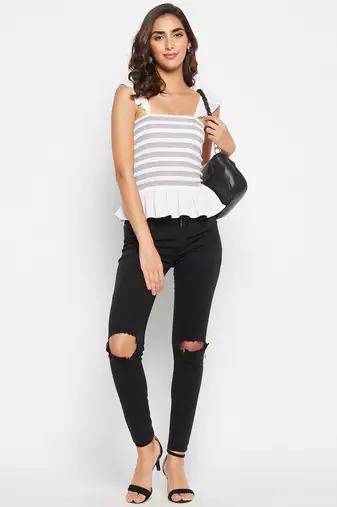 Winered women flutter sleeves contrast smocking top