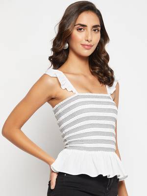Winered women flutter sleeves contrast smocking top 5