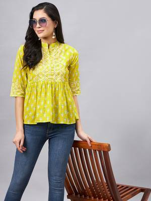 Winered woman lime green printed top with gota detailing at yoke 1