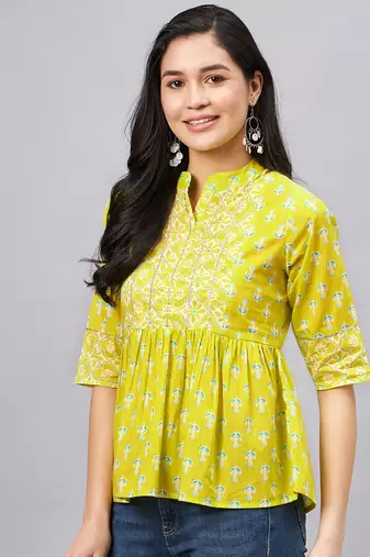 Winered woman lime green printed top with gota detailing at yoke