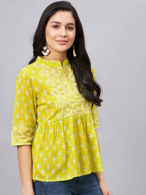 Winered woman lime green printed top with gota detailing at yoke 3