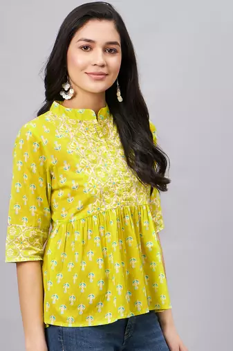 Winered woman lime green printed top with gota detailing at yoke