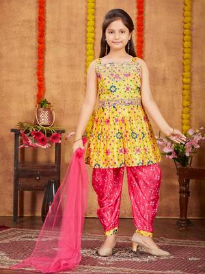 Aarika girls ethnic wear yellow colour printed mirrow work silk kurti patiala set 1