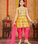 Aarika girls ethnic wear yellow colour printed mirrow work silk kurti patiala set