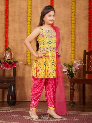 Aarika girls ethnic wear yellow colour printed mirrow work silk kurti patiala set 3