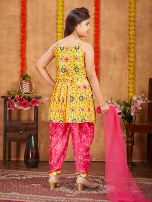 Aarika girls ethnic wear yellow colour printed mirrow work silk kurti patiala set 4
