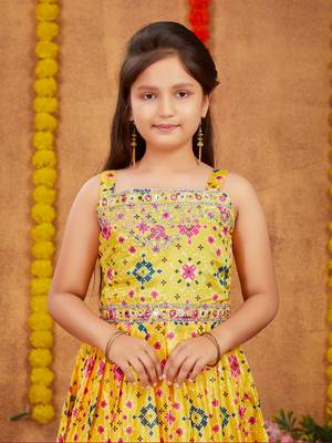 Aarika girls ethnic wear yellow colour printed mirrow work silk kurti patiala set 5