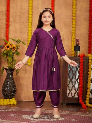 Aarika girls ethnic wear purple colour solid sequins lace work silk kurti patiala set 1