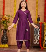 Aarika girls ethnic wear purple colour solid sequins lace work silk kurti patiala set