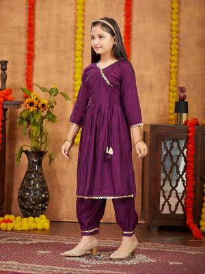 Aarika girls ethnic wear purple colour solid sequins lace work silk kurti patiala set 2