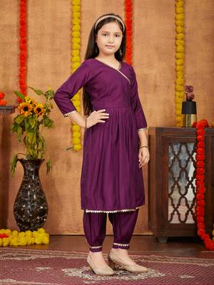 Aarika girls ethnic wear purple colour solid sequins lace work silk kurti patiala set 3