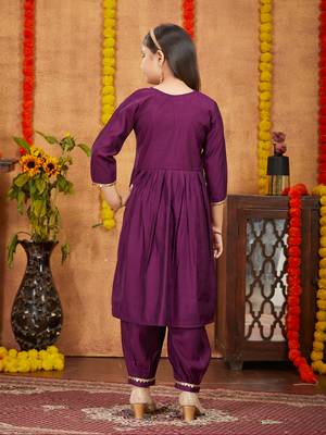 Aarika girls ethnic wear purple colour solid sequins lace work silk kurti patiala set 4