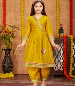 Aarika girls ethnic wear yellow colour solid with gota lace work silk kurti patiala set