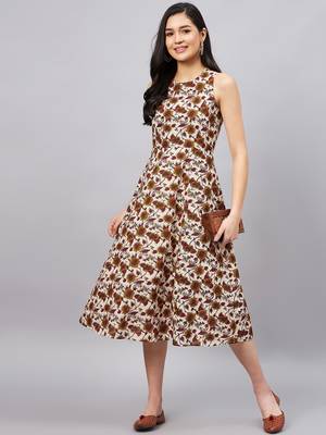 Winered women beige floral printed a-line dress 1