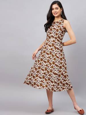 Winered women beige floral printed a-line dress 2