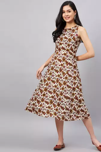 Winered women beige floral printed a-line dress