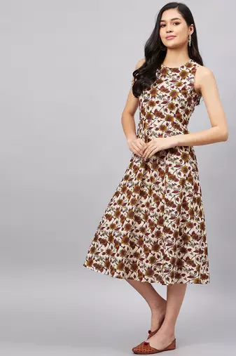 Winered women beige floral printed a-line dress