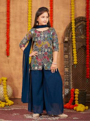 Aarika girls ethnic wear teal blue colour sequin thread embroidery georgette kurti sharara set 1
