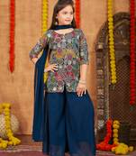 Aarika girls ethnic wear teal blue colour sequin thread embroidery georgette kurti sharara set