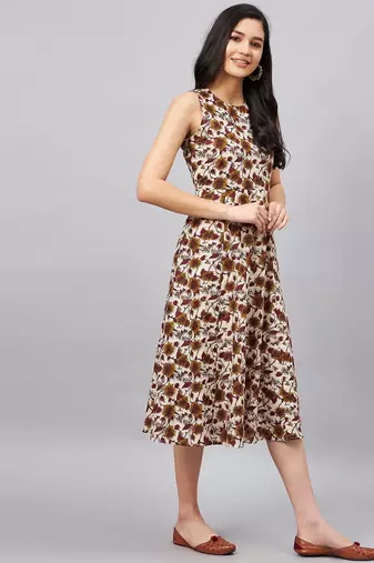 Winered women beige floral printed a-line dress
