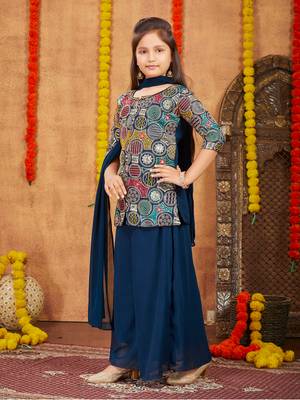 Aarika girls ethnic wear teal blue colour sequin thread embroidery georgette kurti sharara set 2