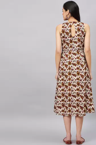 Winered women beige floral printed a-line dress