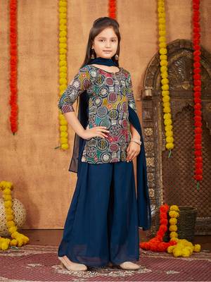 Aarika girls ethnic wear teal blue colour sequin thread embroidery georgette kurti sharara set 3