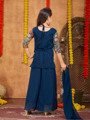 Aarika girls ethnic wear teal blue colour sequin thread embroidery georgette kurti sharara set 4