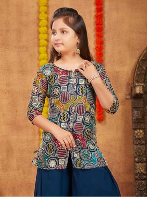 Aarika girls ethnic wear teal blue colour sequin thread embroidery georgette kurti sharara set 5
