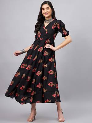 Winered women black ethenic motif printed a-line dress 1