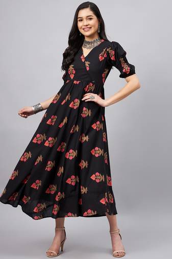Winered women black ethenic motif printed a-line dress