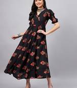 Winered women black ethenic motif printed a-line dress