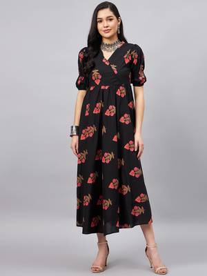 Winered women black ethenic motif printed a-line dress 2