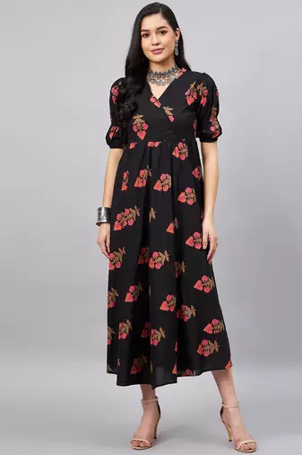 Winered women black ethenic motif printed a-line dress