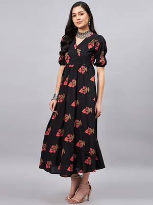 Winered women black ethenic motif printed a-line dress 3
