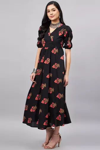 Winered women black ethenic motif printed a-line dress