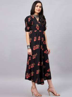Winered women black ethenic motif printed a-line dress 4