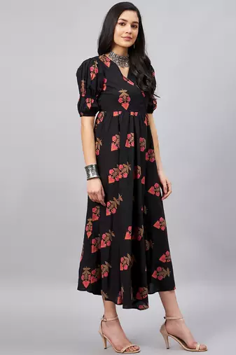 Winered women black ethenic motif printed a-line dress